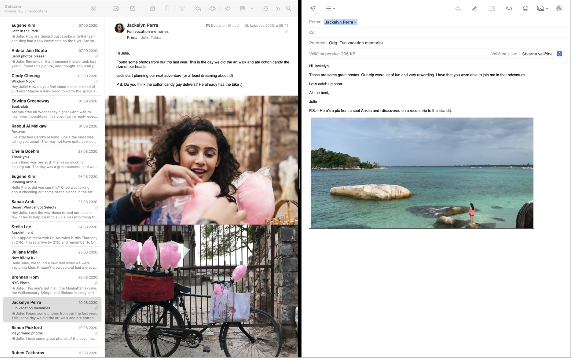 Prozor aplikacije Mail u razdvojenom zaslonu prikazuje dvije poruke jednu pored druge.