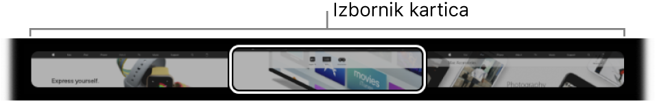 Izbornik kartica u Safari Touch Baru. Prikazuje mali pregled svake otvorene kartice.