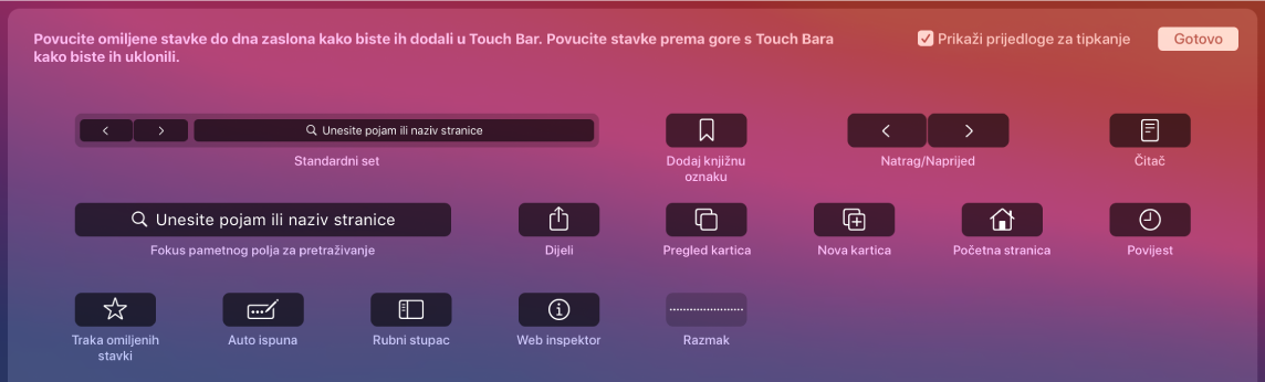 Opcije podešavanja preglednika Safari koje se mogu povući u Touch Bar.