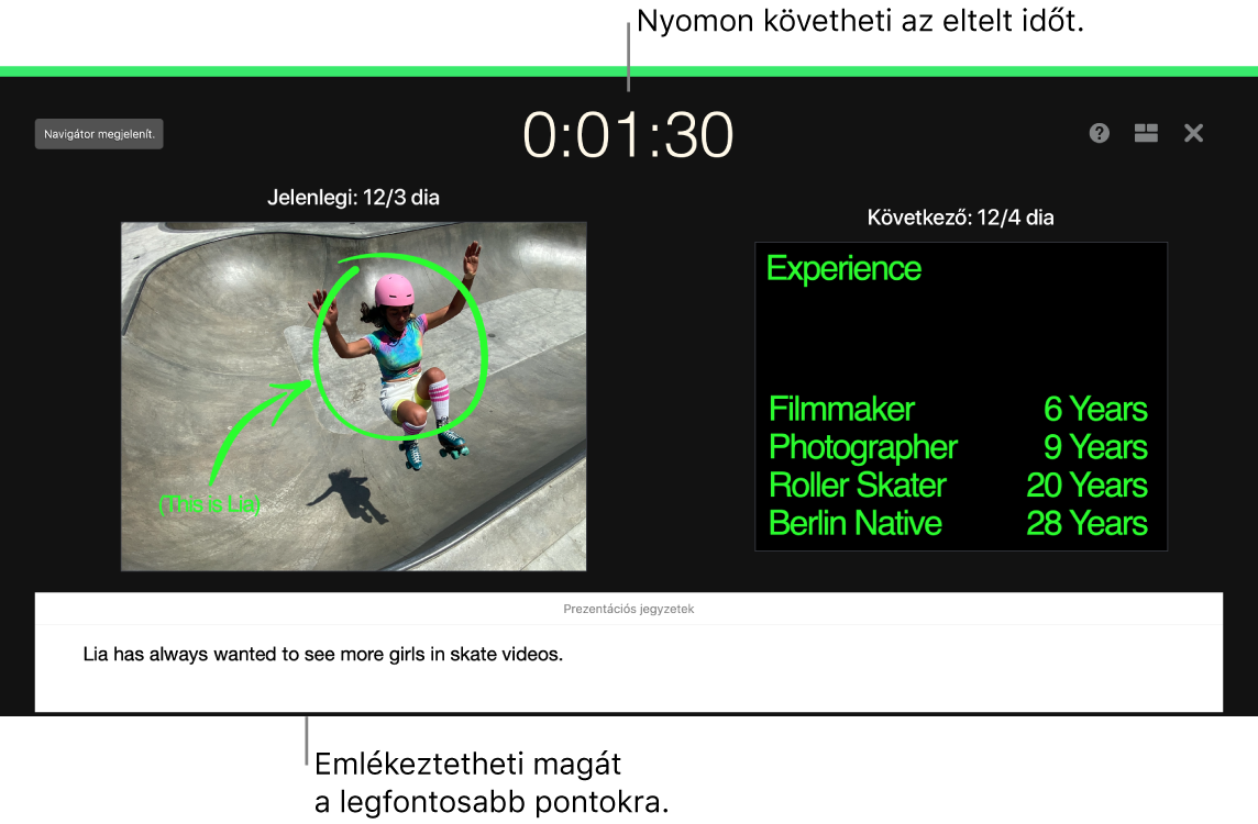 A Keynote ablaka a Diabemutató-próba funkcióval.