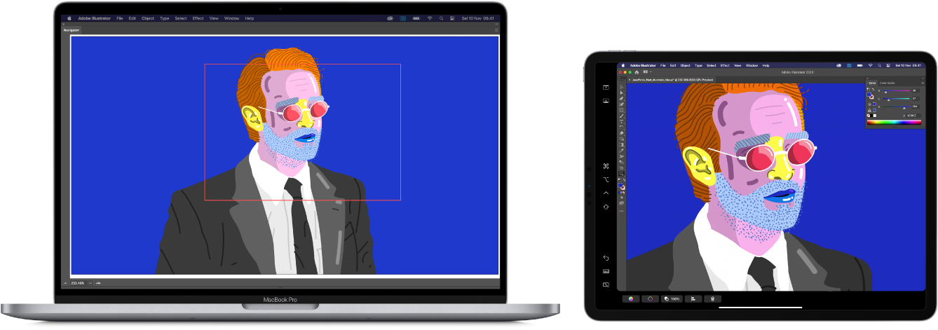 MacBook Pro dan iPad berdampingan. MacBook Pro menampilkan gambar di dalam jendela navigator ilustrator. iPad menampilkan gambar yang sama di jendela dokumen ilustrator, dikelilingi oleh bar alat.