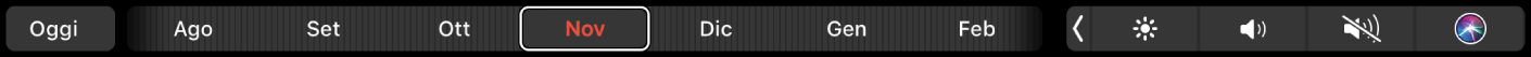 La Touch Bar di Calendario con il pulsante Oggi e un cursore per selezionare un mese.