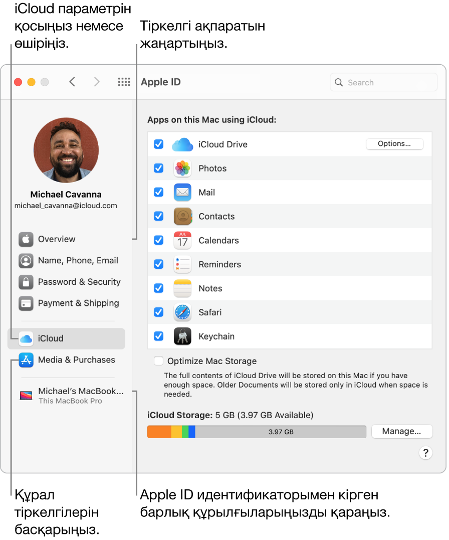 System Preferences терезесіндегі Apple ID тақтасы. Бүйірлік жолақтағы элементті тіркелгі ақпаратыңызды жаңарту, iCloud параметрін қосу немесе өшіру немесе Apple ID идентификаторыңызбен кірген барлық құрылғыларды көру үшін басыңыз.