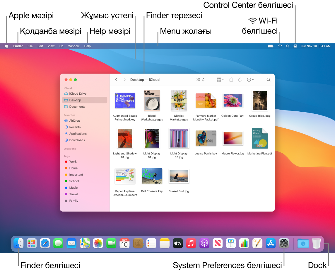 Apple мәзірін, App мәзірін, жұмыс үстелін, Help мәзірін, Finder терезесін, мәзір жолағын, Wi-Fi белгішесін, Control Center белгішесін, Finder белгішесін, System Preferences белгішесін және Dock тақтасын көрсетіп тұрған Mac экраны.