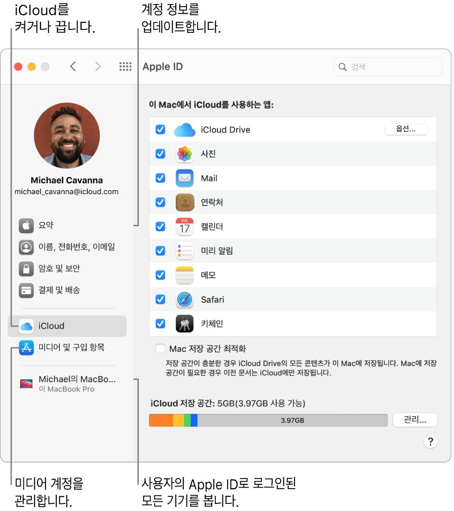 시스템 환경설정의 Apple ID 패널. 사이드바에서 항목을 클릭하여 계정 정보를 업데이트하고, iCloud를 켜거나 끄고, 미디어 계정을 관리하거나 Apple ID로 로그인한 모든 기기를 봄.