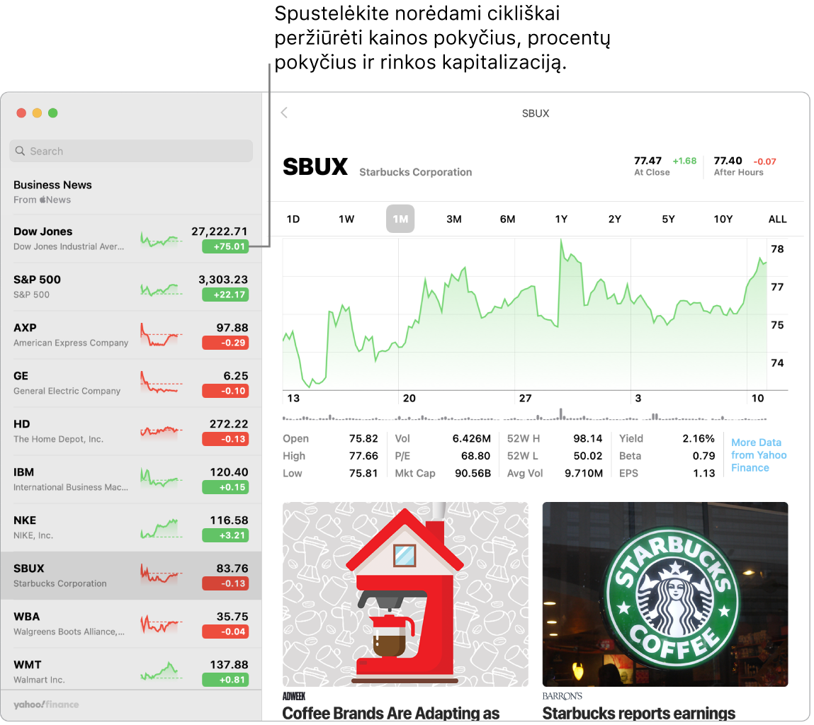 „Stocks“ ekrane: rodomos istorijos ir informacija apie pasirinktas akcijas.