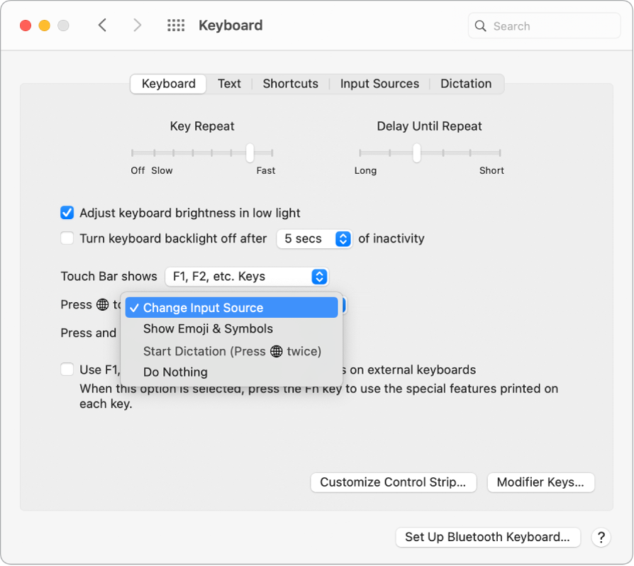 Klaviatūros nuostatų sritis, išskleidžiamajame meniu rodomos klavišo „Function“ / „Globe“ parinktys: „Change Input Source“, „Show Emoji & Symbols“, „Start Dictation“ ir „Do Nothing“.