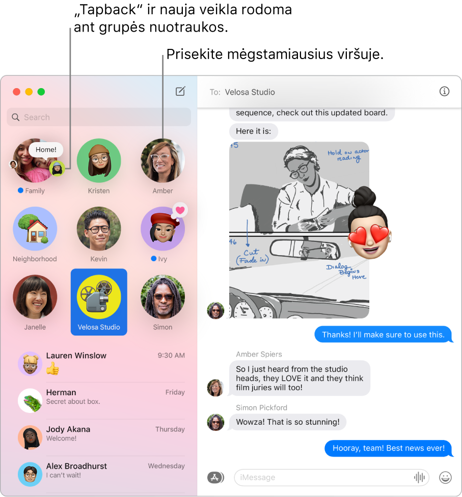 „Messages“ langas ir grupės pokalbiai, prisegti kairiojo stulpelio viršuje.