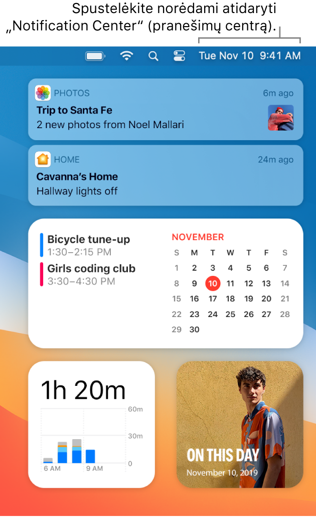 Darbalaukio ekrano dalis, kurioje matosi „Notification Center“.