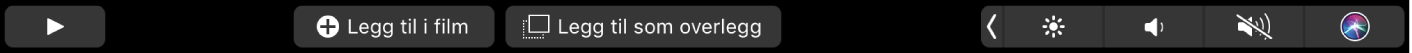 Touch Bar for iMovie med knapper for favoritt, slett, spill av, legg til i film og legg til som overlegg.