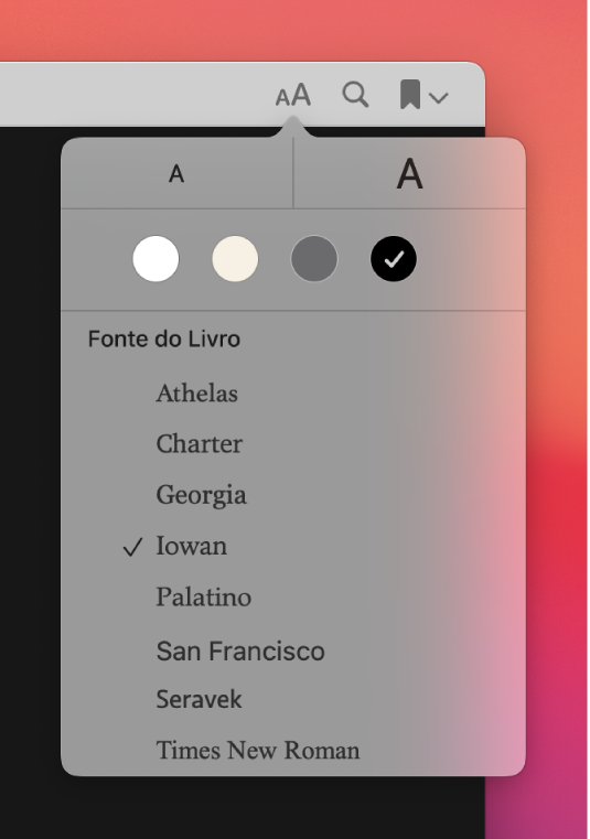 Uma janela do app Livros mostrando o menu Aparência.