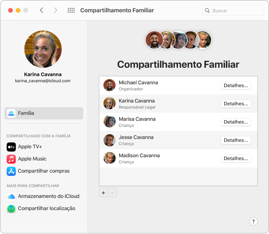 Uma janela do Safari mostrando os ajustes do Compartilhamento Familiar em iCloud.com.