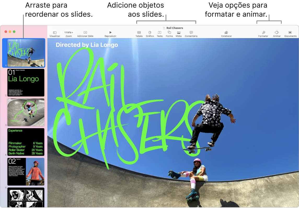 Uma janela do Keynote mostrando o navegador de slides à esquerda e como reordenar slides, a barra de ferramentas e as ferramentas de edição na parte superior, o botão Colaborar próximo à parte superior direita e os botões Formatar, Animar e Documento à direita.