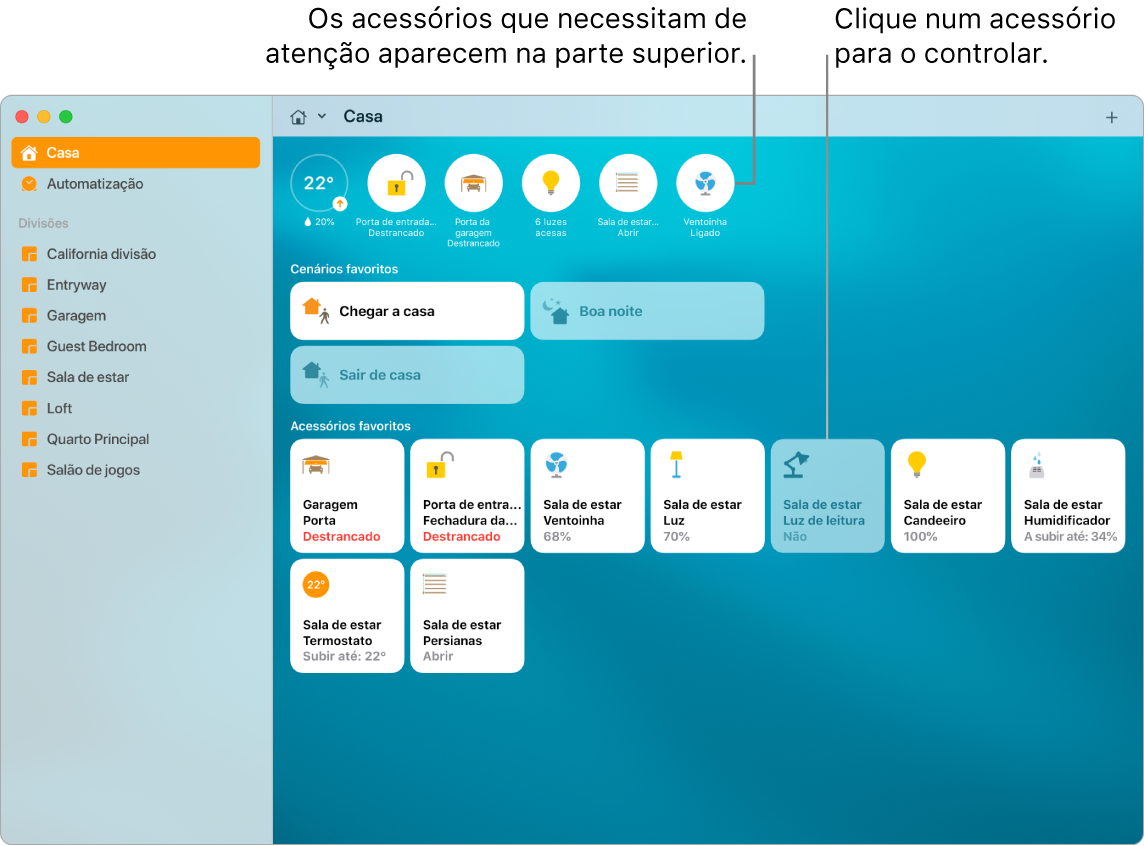 A aplicação Casa a mostrar cenários favoritos e acessórios favoritos.