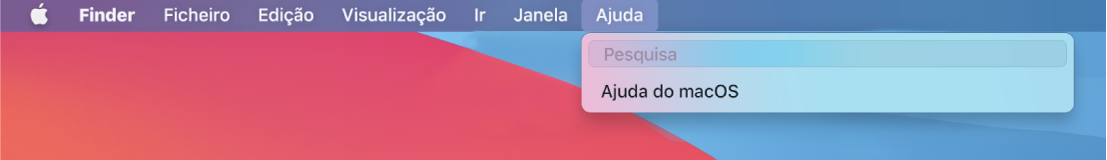 Parte da secretária visível, com o menu Ajuda aberto, a mostrar as opções de menu Pesquisar e Ajuda do macOS.