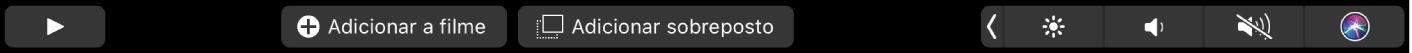 A Touch Bar do iMovie a mostrar os botões para marcar como favorito, apagar, reproduzir, adicionar ao filme e adicionar como sobreposição.
