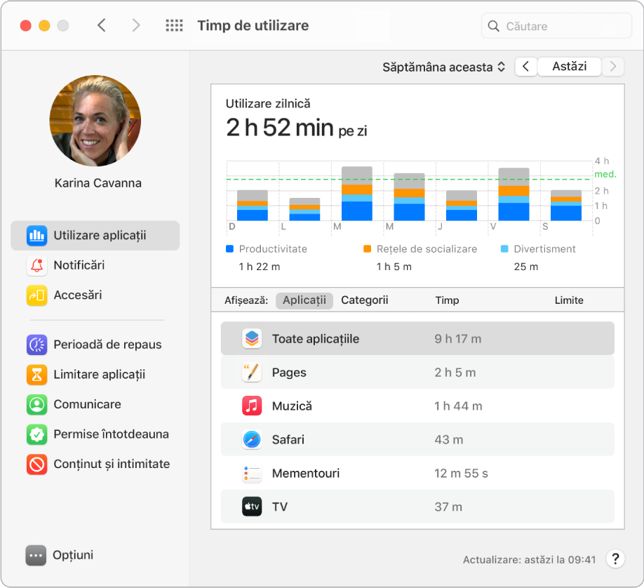 O fereastră Timp de utilizare afișând perioada de timp petrecută cu diverse aplicații.
