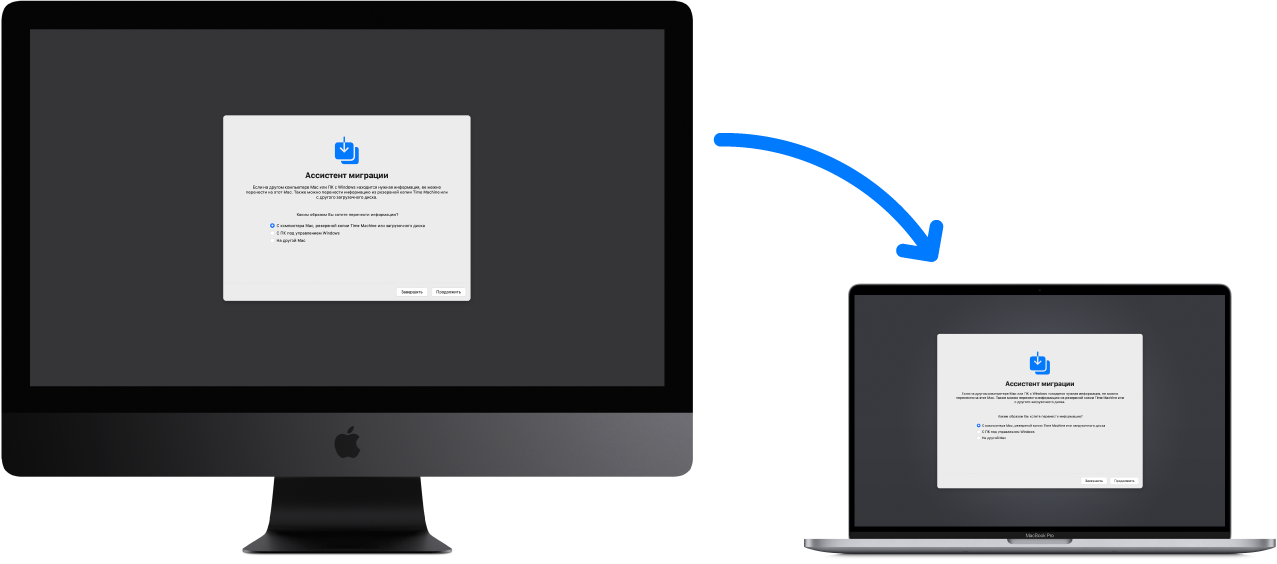 Изображение старого компьютера iMac, на котором отображается экран Ассистента миграции, подключенного к новому MacBook Pro с экраном Ассистента миграции.