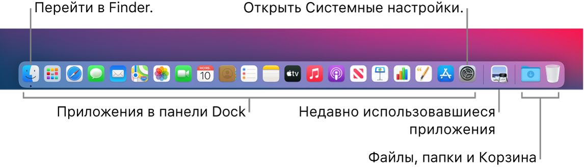 Панель Dock. Показаны значки Finder и Системных настроек, а также линия, отделяющая приложения от файлов и папок.