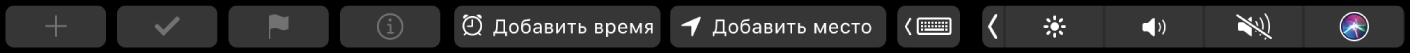 Панель Touch Bar для Напоминаний. Показаны кнопки нового напоминания, отметки выполненного, добавления флажка, информации, времени и места.