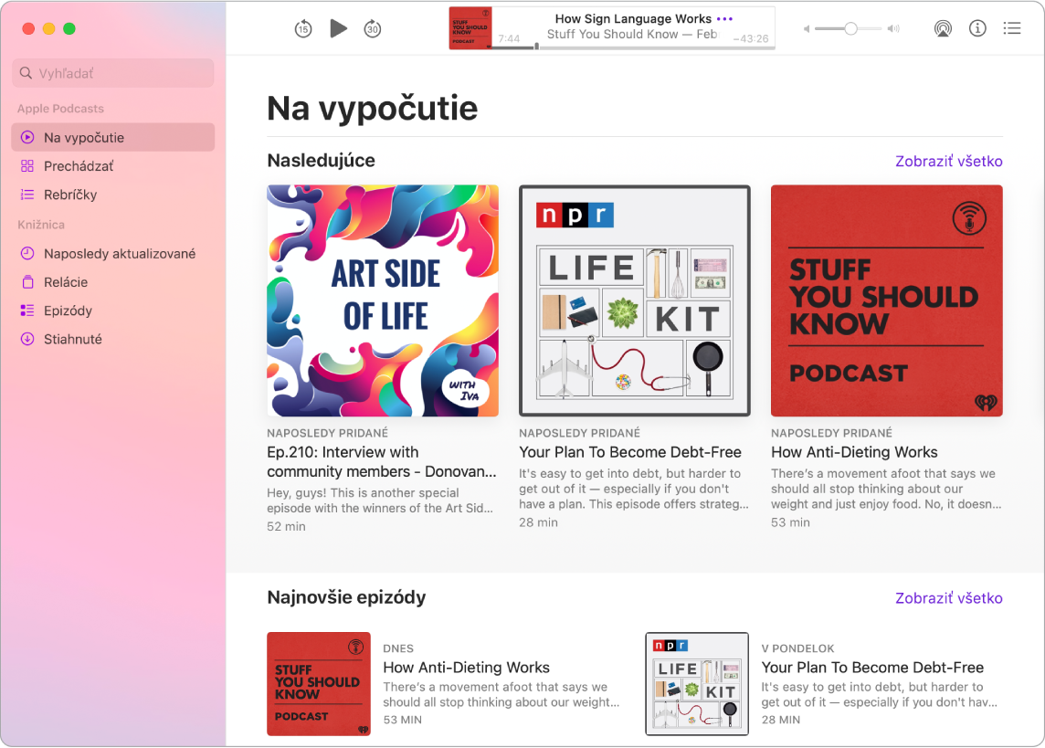 Okno apky Podcasty zobrazujúce stĺpec naľavo s vyhľadávacím poľom v hornej časti a možnosťami zobrazenia nižšie. Je vybraná možnosť Prechádzať a napravo sú zobrazené podcasty.