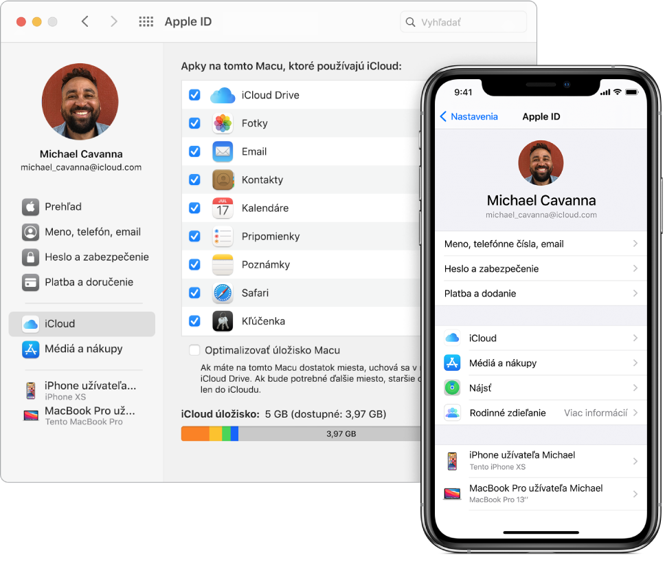 Nastavenia iCloudu na iPhone a okno iCloudu na Macu.