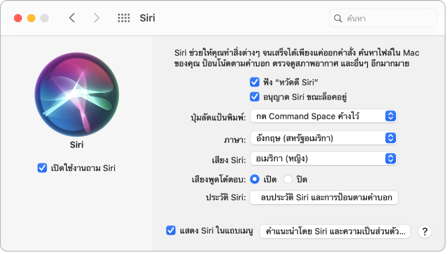 หน้าต่างการตั้งค่า Siri ที่มีกล่องกาเครื่องหมายเปิดใช้งานถาม Siri ถูกเลือกอยู่ด้านซ้าย และตัวเลือกต่างๆ สำหรับปรับแต่ง Siri ด้วยตัวเองอยู่ด้านขวา รวมถึง “ฟังคำว่า ‘หวัดดี Siri’”