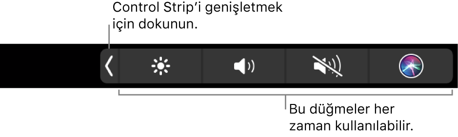 Saptanmış Touch Bar’ın içeriği gizlenmiş Control Strip’i gösteren kısmi ekranı. Control Strip’in tamamını göstermek için genişlet düğmesine dokunun.