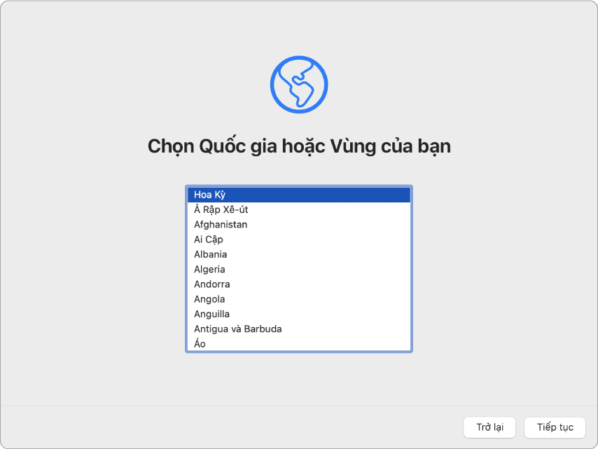 Một màn hình máy Mac với Trợ lý thiết lập đang hiển thị màn hình Chào mừng.