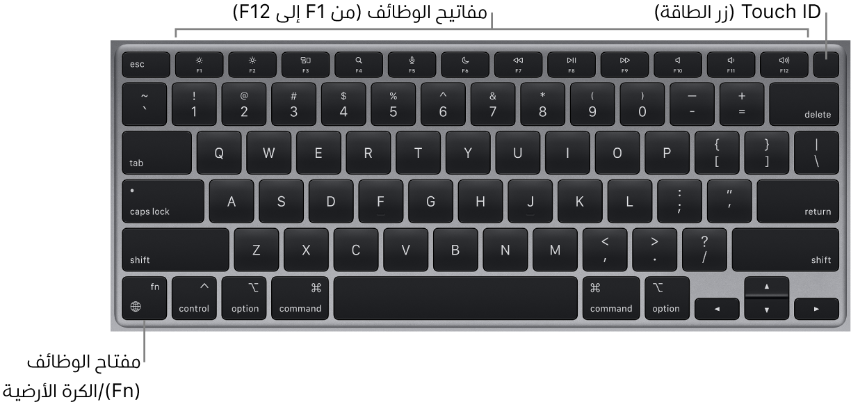 لوحة مفاتيح MacBook Air يظهر بها صف مفاتيح الوظائف ومفتاح الطاقة Touch ID على امتداد الجزء العلوي، ومفتاح الوظائف (Fn) في الزاوية السفلية اليسرى منها.