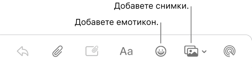 Прозорец за създаване на електронно съобщение, показващ бутоните за емотикони и снимки.