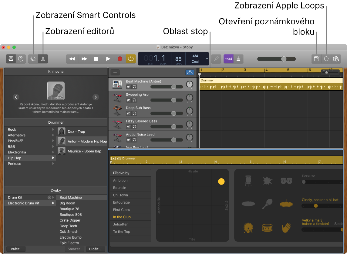 Okno GarageBandu s popisky tlačítek pro přístup k ovládacím prvkům Smart Controls, editorům, poznámkám a smyčkám Apple Loops. Jsou zde také vidět jednotlivé stopy skladby