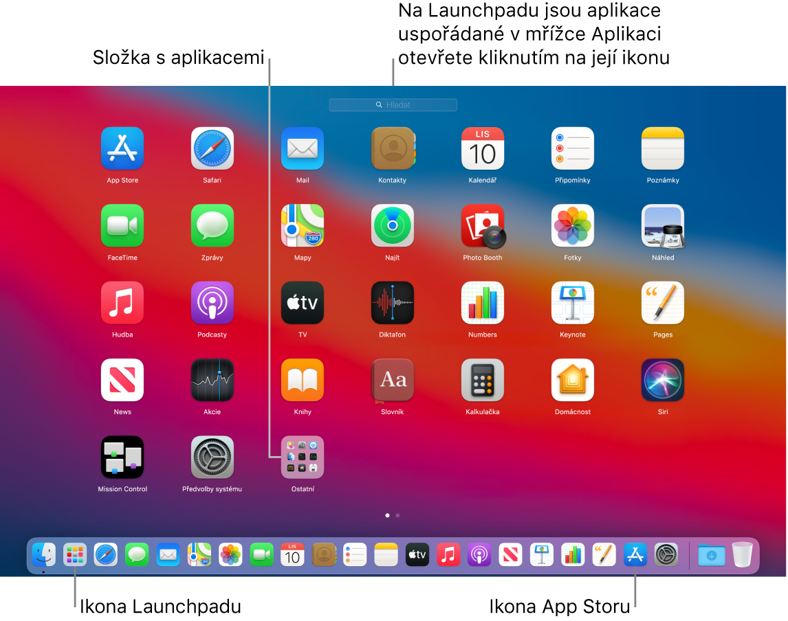 Obrazovka Macu s otevřeným Launchpadem, na níž je vidět složka aplikací v Launchpadu a také ikony Launchpadu a App Storu v Docku