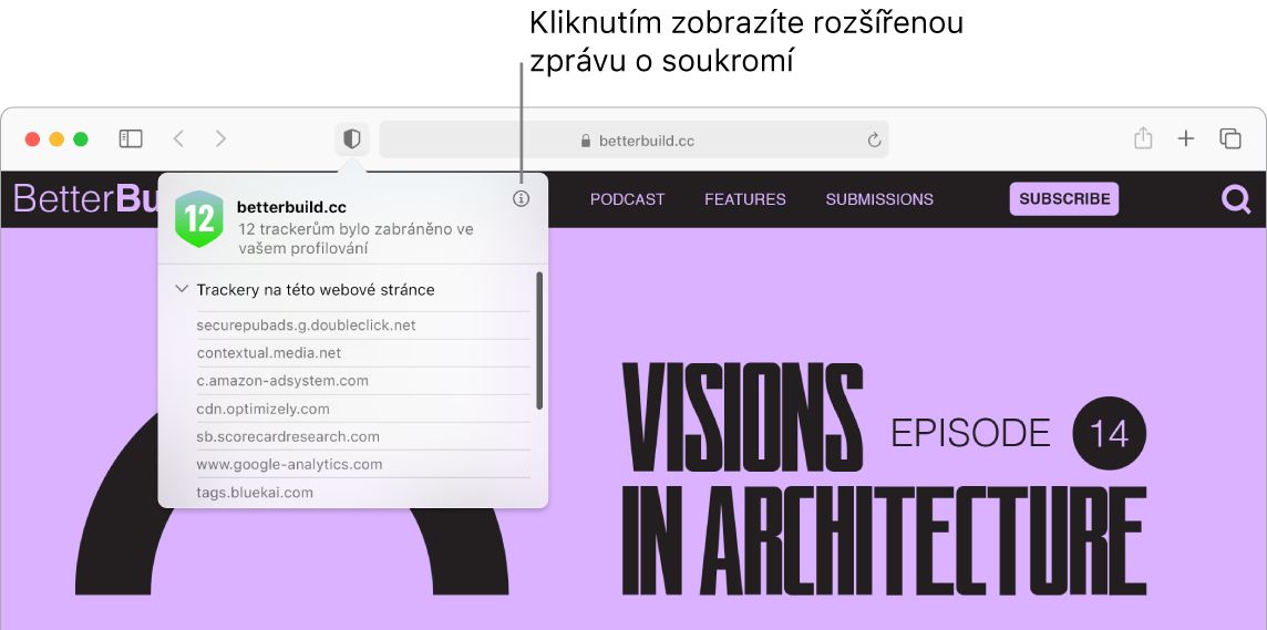 Okno Safari s předvolbami webové stránky „Používat čtečku, je‑li k dispozici“, „Zapnout blokátory obsahu“, „Zvětšení stránek“, „Automatické přehrávání“ a „Vyskakovací okna“