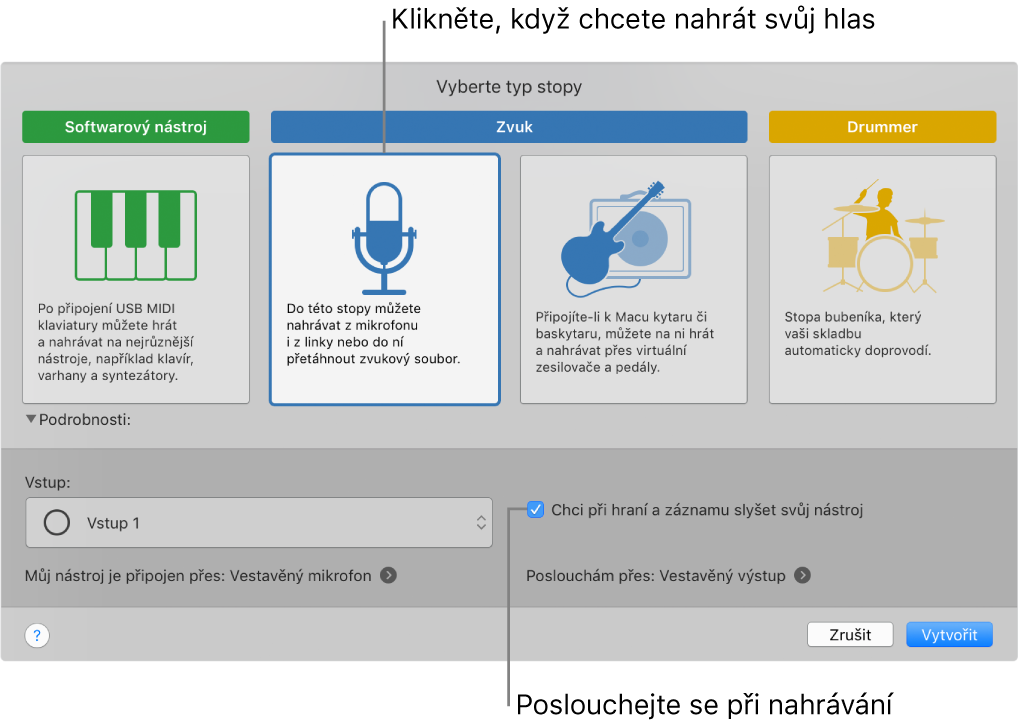 Panel nástrojů GarageBandu s popisky ukazujícími, kam je třeba kliknout, chcete‑li nahrávat hlas nebo zapnout odposlech při nahrávání