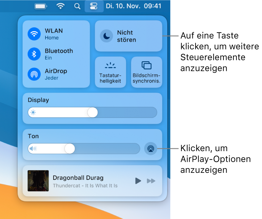 Vergrößerte Darstellung des Kontrollzentrums auf dem Mac mit Beschriftung der Taste „Monitor“.