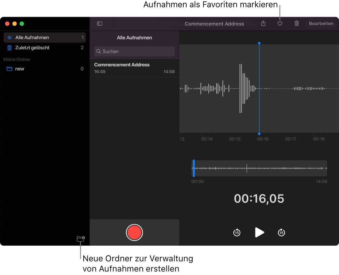 Das Fenster „Sprachmemos“, in dem gezeigt wird, wie ein neuer Ordner erstellt oder eine Aufnahme als Favorit markiert wird.