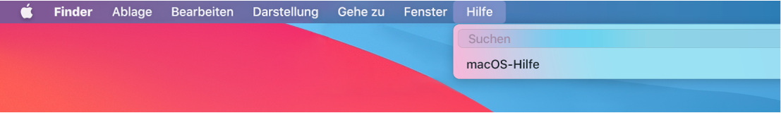 Ein Ausschnitt des Schreibtischs mit dem geöffneten Menü „Hilfe“, in dem die Menüoptionen „Suchen“ und „macOS-Hilfe“ zu sehen sind.