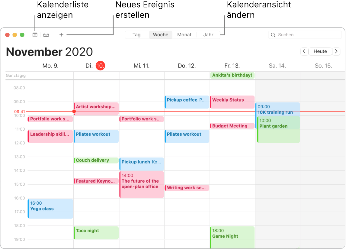 Ein Kalender-Fenster mit Informationen zum Erstellen eines Ereignisses, zum Anzeigen einer Kalenderliste und zum Auswählen einer Darstellung in Tagen, Monaten oder Jahren