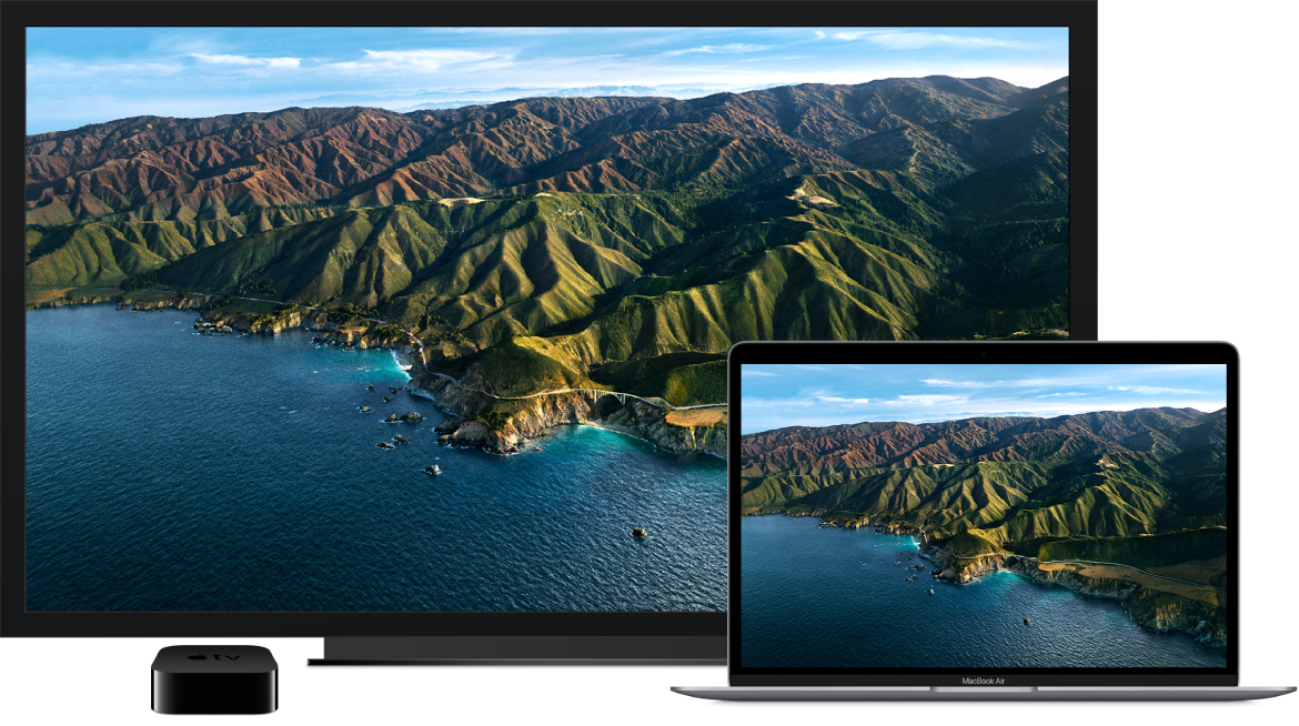 A MacBook Air with its content mirrored on a large HDTV using an Apple TV.