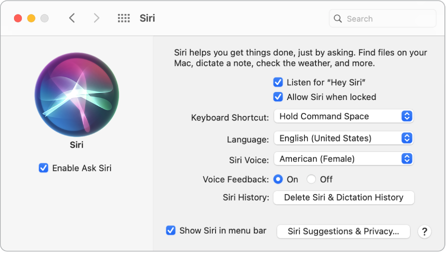 The Siri preferences window with Enable Ask Siri chosen on the left and several options for customizing Siri on the right, including “Listen for ‘Hey Siri’.”