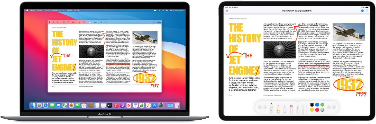 Una MacBook Air y un iPad lado a lado. Ambas pantallas muestran un artículo cubierto de ediciones rojas garabateadas, como oraciones tachadas, flechas y palabras agregadas. El iPad también tiene controles de marcado en la parte inferior de la pantalla.