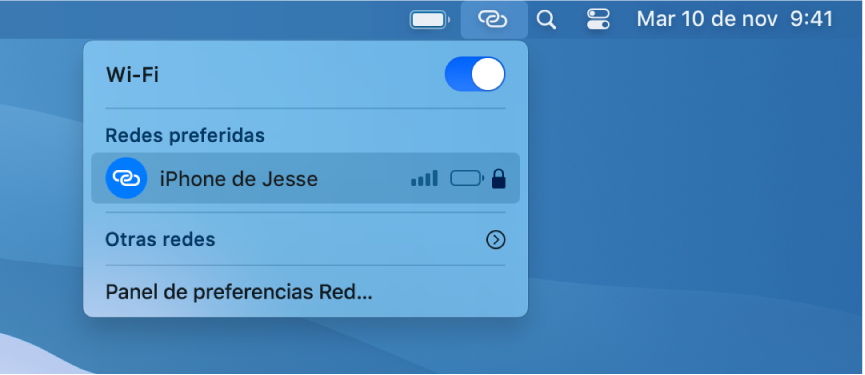 Pantalla de la Mac con el menú Wi-Fi mostrando una conexión de Compartir Internet con un iPhone.