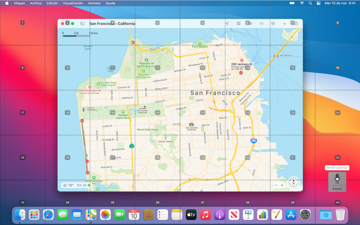 Mapas abierto en el escritorio con una cuadrícula sobrepuesta.