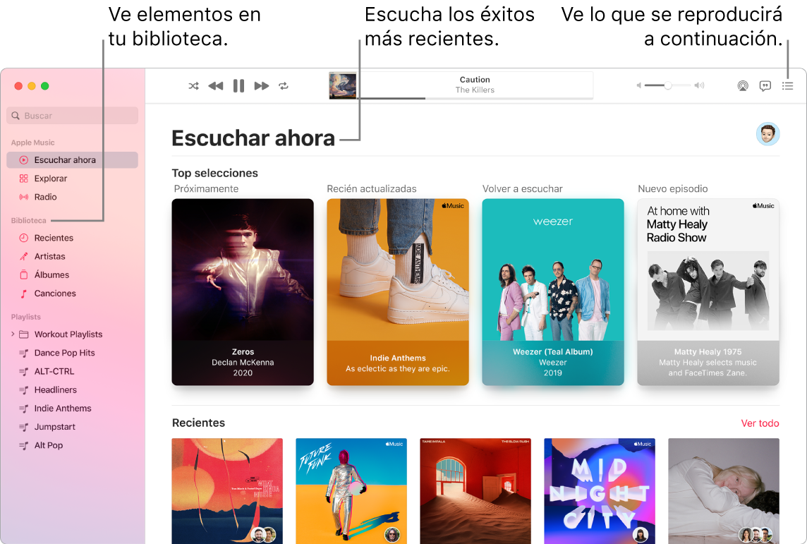 Ventana de la app Música mostrando cómo ver tu biblioteca, escuchar Apple Music y ver lo que se reproducirá después.