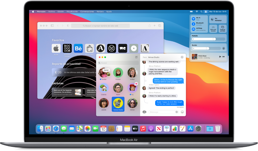 Una MacBook Air mostrando el centro de control y varias apps abiertas.