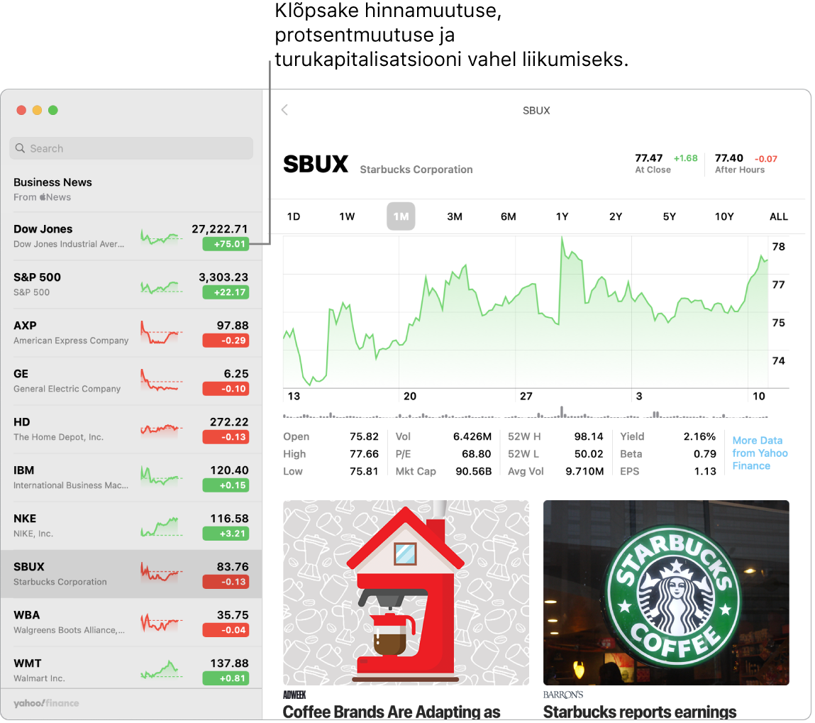 Rakenduste Stocks kuvas on toodud info ja lood valitud aktsia kohta.