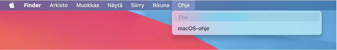 Työpöydän osa, jossa on Ohje-valikko avoinna ja jossa näkyvät Etsi- ja macOS-ohje-valikkokohdat.