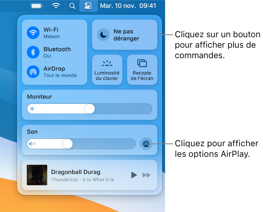 Vue rapprochée du centre de contrôle sur votre Mac avec une légende pour le bouton Moniteur.