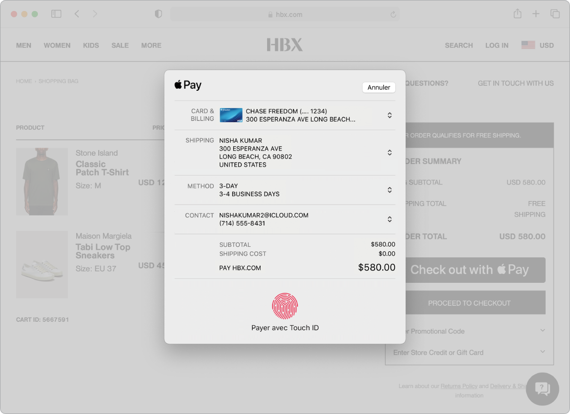 Écran d’un Mac affichant un achat en ligne en cours utilisant l’option Apple Pay dans Safari.